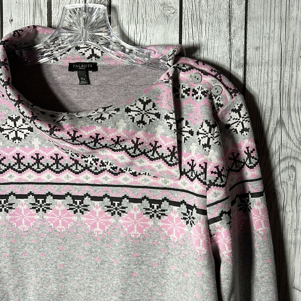 Talbots Petite Gray Snowflake Offset Neckline Swe… - image 2